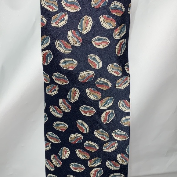 RESILIO Tie Blue Base Silk Geometric shapes worn tan blue and coral 58” L 4” W - Picture 1 of 4